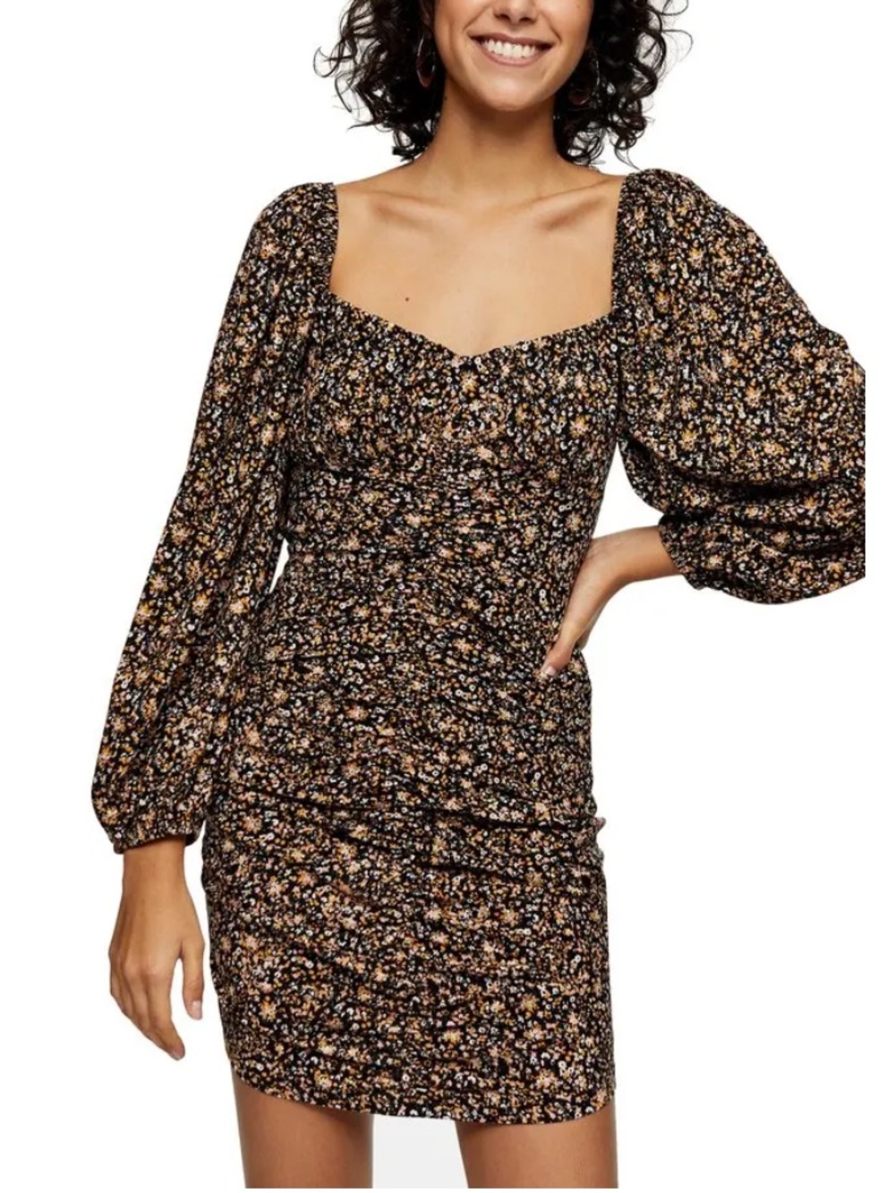 Topshop Black-Brown Floral Ruched Puff Sleeve Mini Dress